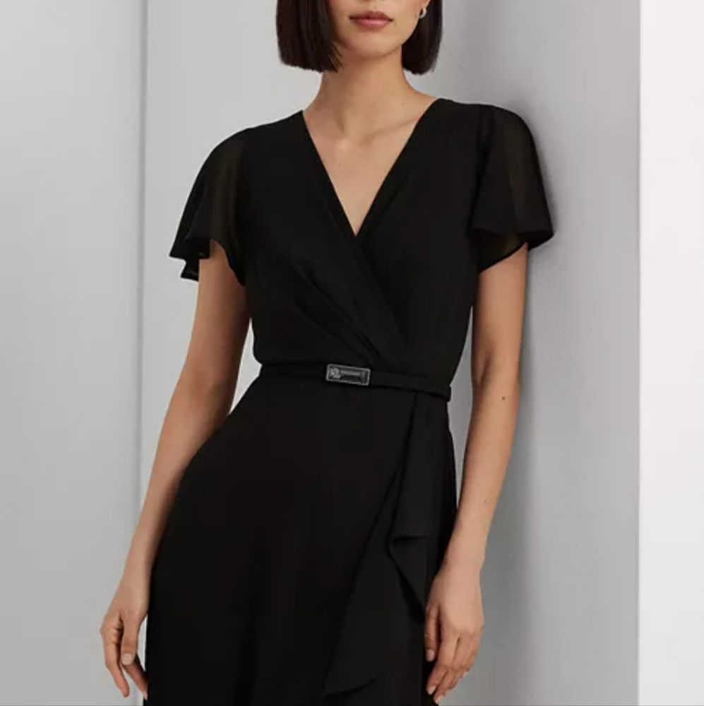 Lauren Ralph Lauren Belted Georgette Flutter-Sleeve Gown Sz 4